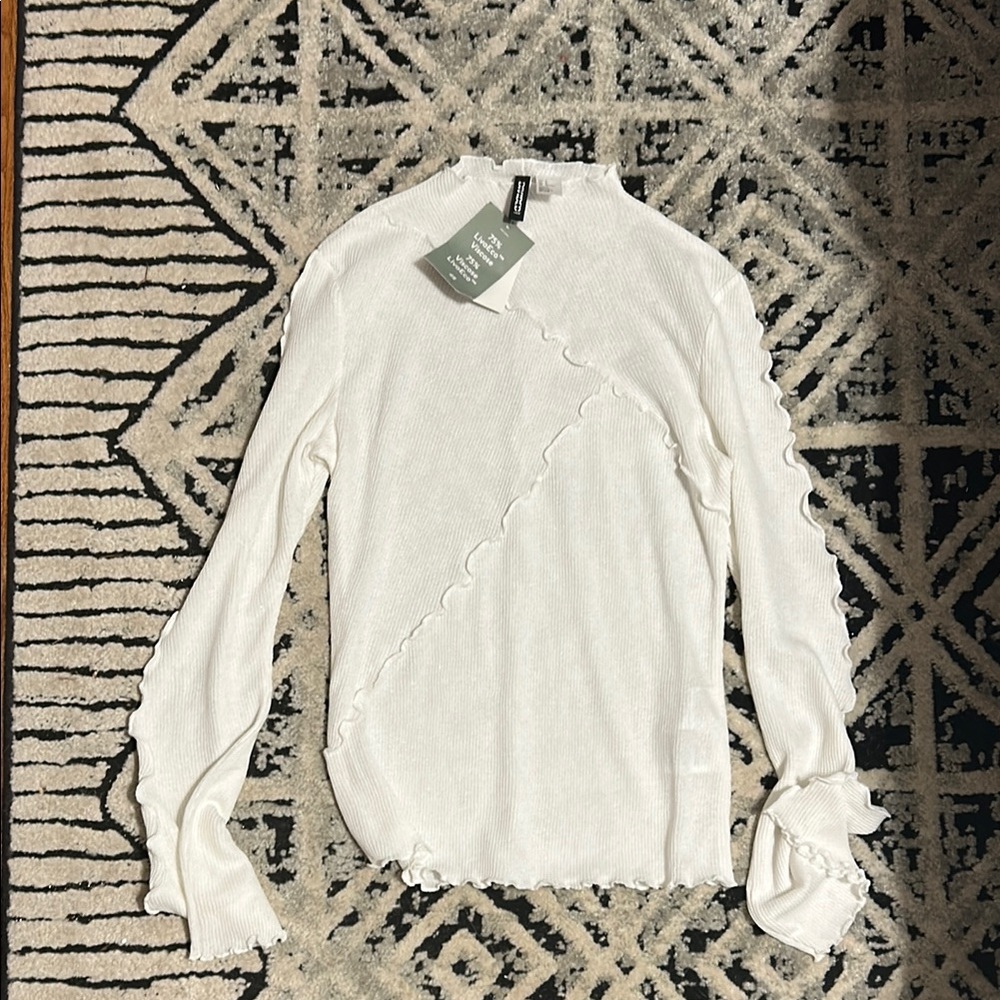 H&M White Ruffle Trim Sweater